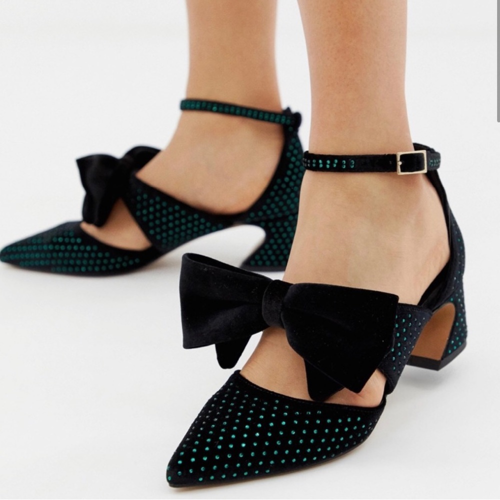 ASOS»Lovely Ladies Elegant Velvet Studded Almond Toe Blocked Heels+Oversized Bow